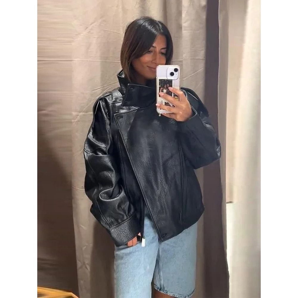 Womens PU Leather Jacket Stand Collar Asymmetric Button Casual Black Biker Jacket 4