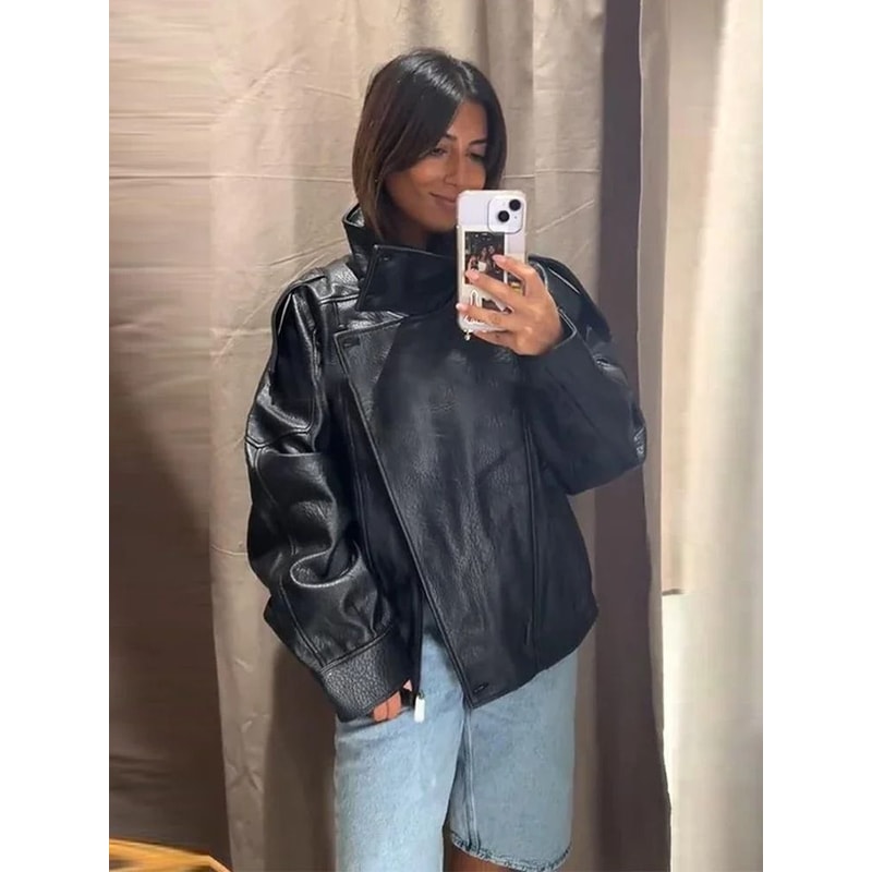 Womens PU Leather Jacket Stand Collar Asymmetric Button Casual Black Biker Jacket 4