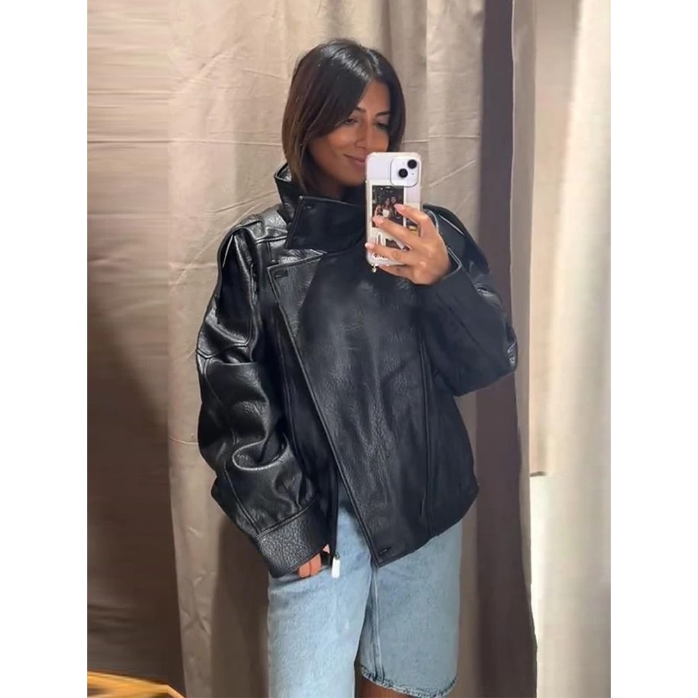 Womens PU Leather Jacket Stand Collar Asymmetric Button Casual Black Biker Jacket 7