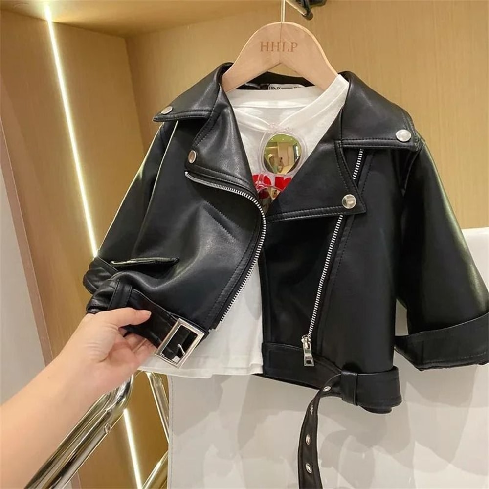 Kids Boys PU Leather Jacket Classic Zipper Motorcycle Style Coat 5