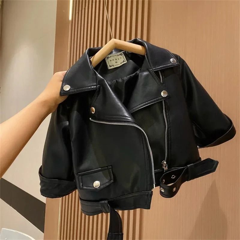 Kids Boys PU Leather Jacket Classic Zipper Motorcycle Style Coat 7