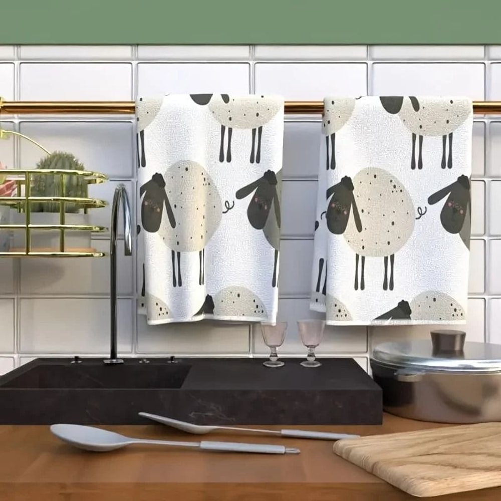 Cute Lamb Kitchen Towels Set Super Absorbent Tea Towels Soft Decorative Dishcloths 2 Pack 3
