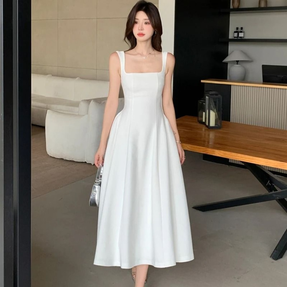 Elegant Square Neck Maxi Dress Womens Summer Party Dress Sleeveless Vintage Style Long Dress 0