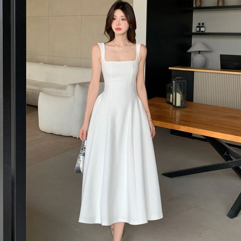 Elegant Square Neck Maxi Dress Womens Summer Party Dress Sleeveless Vintage Style Long Dress 0