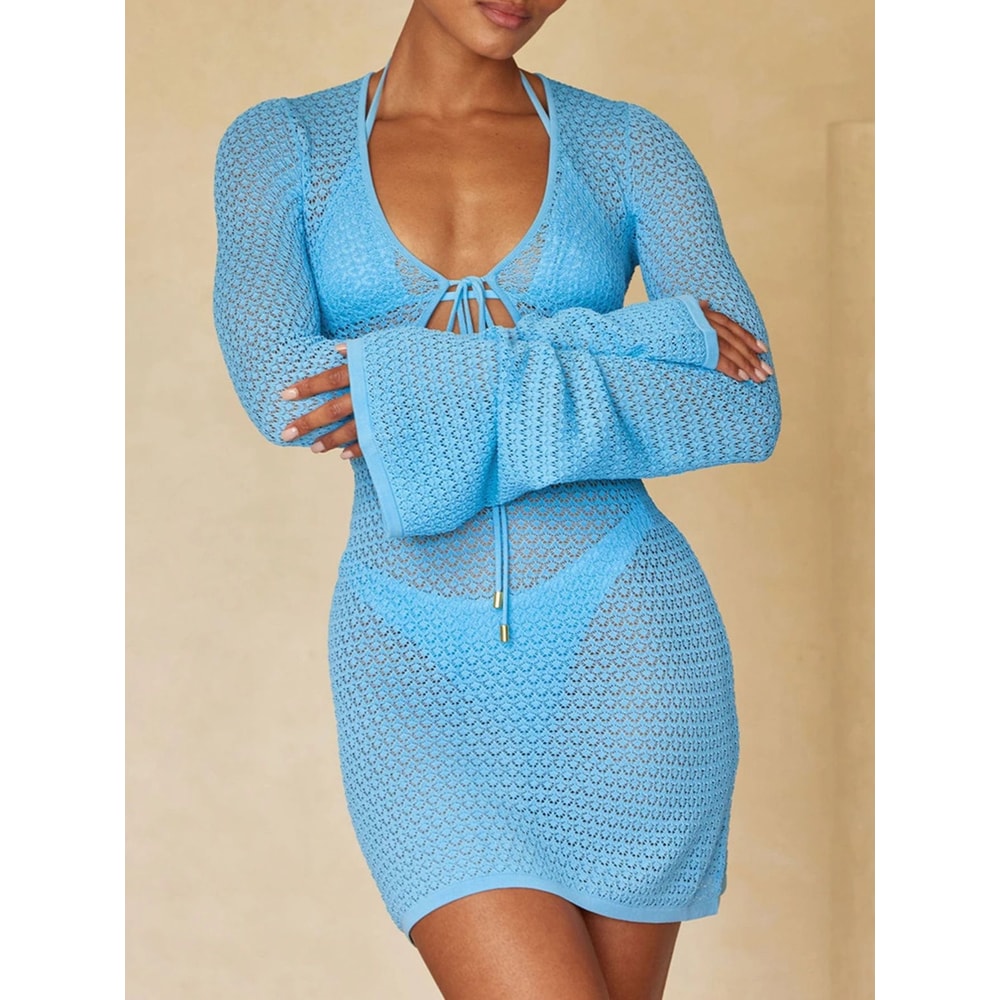 White Knitted Mini Dress Womens Beach Party Dress Sheer Long Sleeve Summer Dress 0