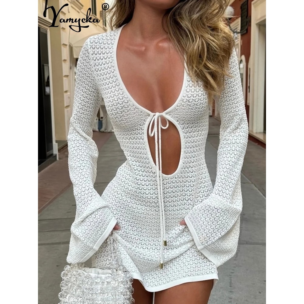 White Knitted Mini Dress Womens Beach Party Dress Sheer Long Sleeve Summer Dress 1