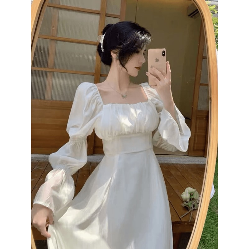 MEXZT Puff Sleeve Party Dress Elegant Backless Bow Dress White Square Neck Womens Dress