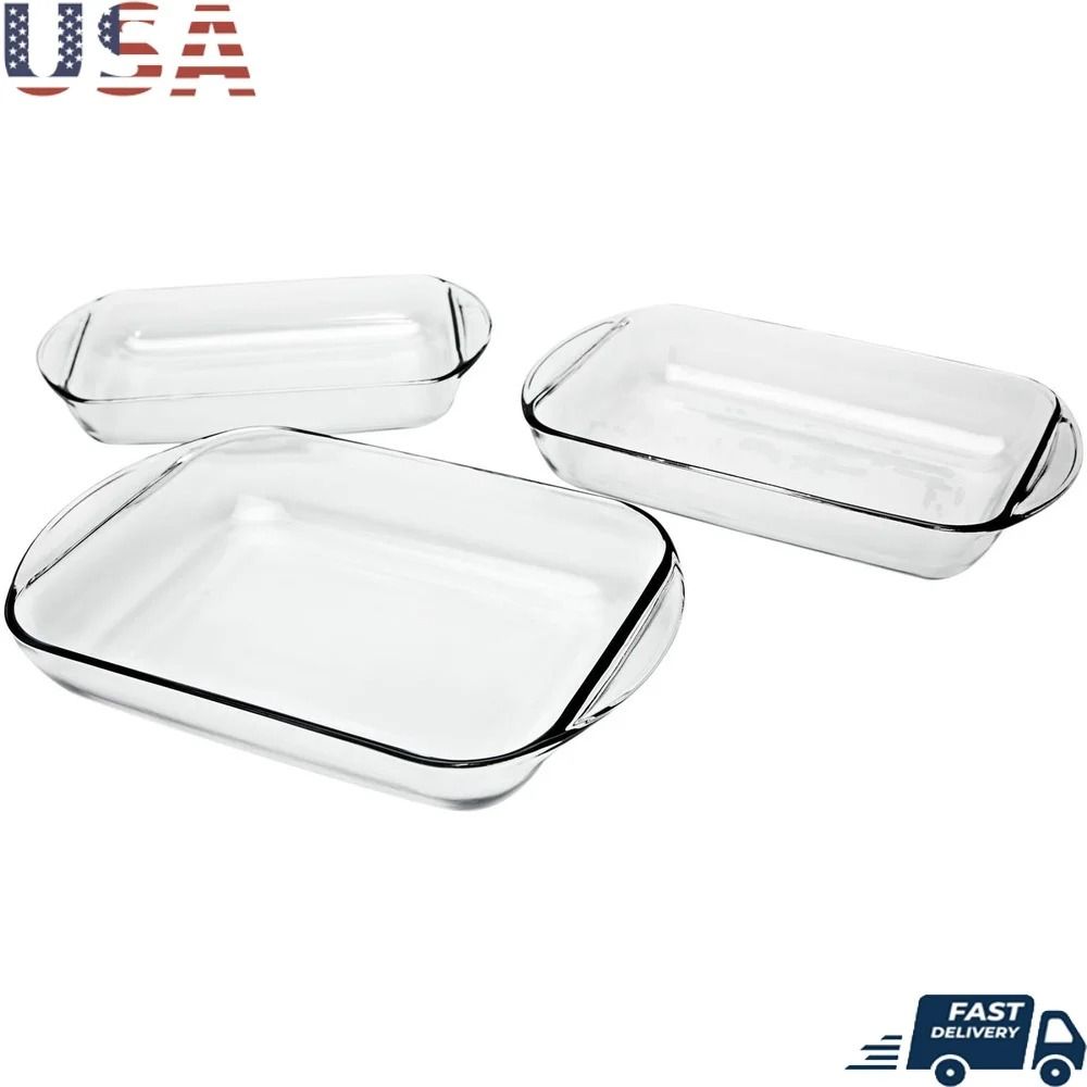 3 Piece Glass Baking Dish Set Oven Safe Tempered Casserole Bakeware For Kitchen Use 5