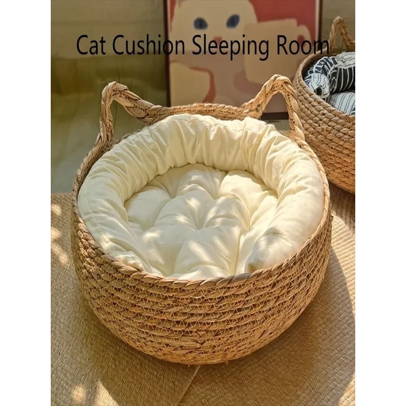 Handwoven Rattan Cat Bed With Washable Cushion For All Season Comfort 3