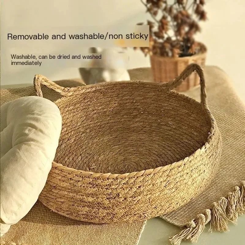 Handwoven Rattan Cat Bed With Washable Cushion For All Season Comfort 5