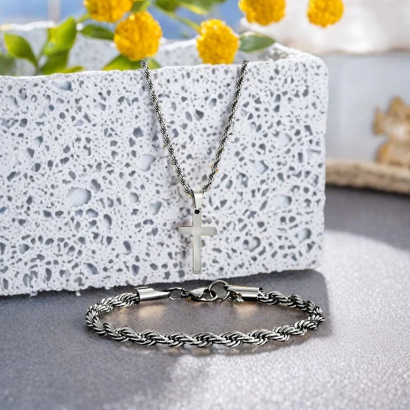 Twisted Rope Cross Necklace And Bracelet Set Stainless Steel Faith Jewelry 3