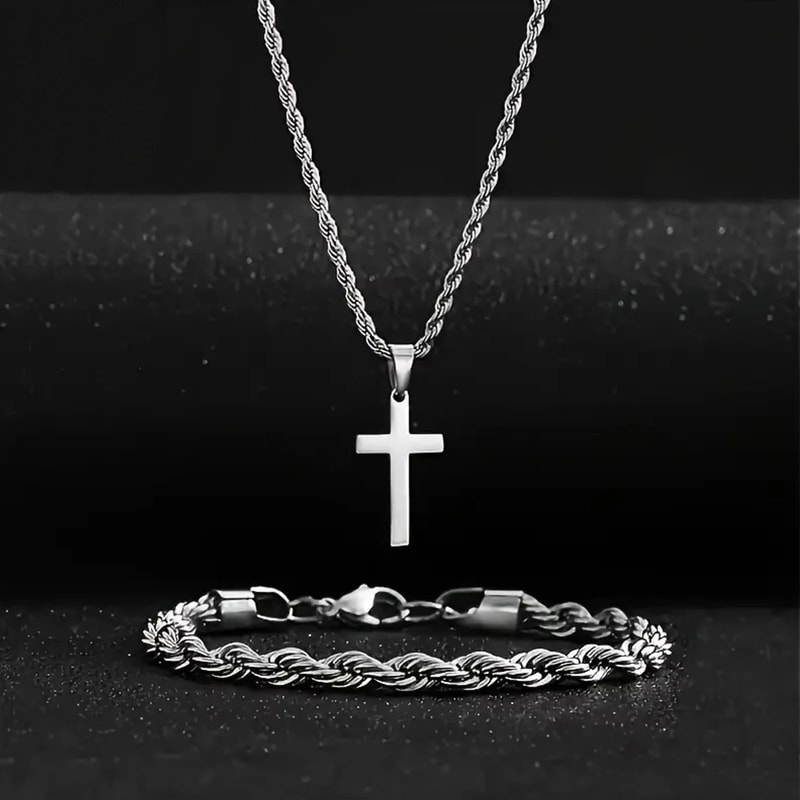 Twisted Rope Cross Necklace And Bracelet Set Stainless Steel Faith Jewelry 2