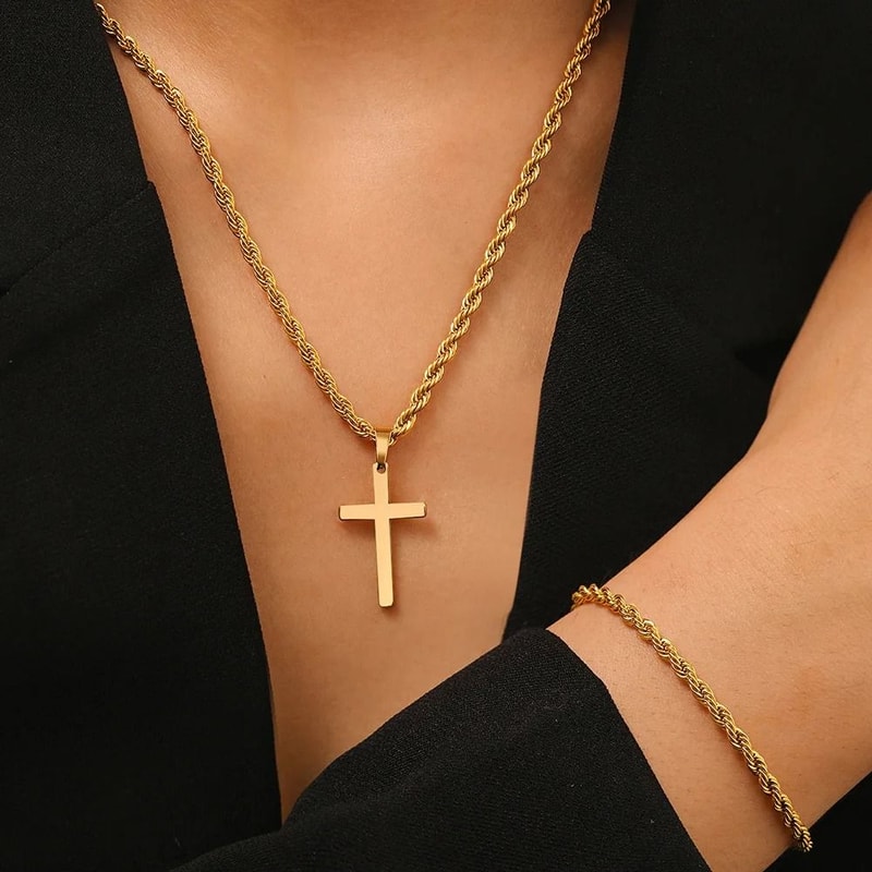 Twisted Rope Cross Necklace And Bracelet Set Stainless Steel Faith Jewelry 5