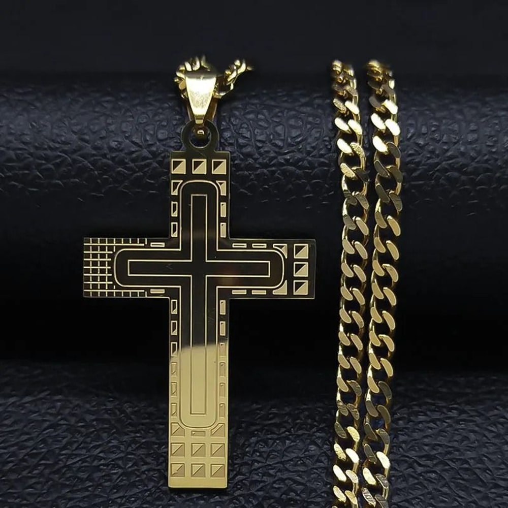 Jesus Cross Necklace Stainless Steel Gold Hip Hop Pendant Chain 4