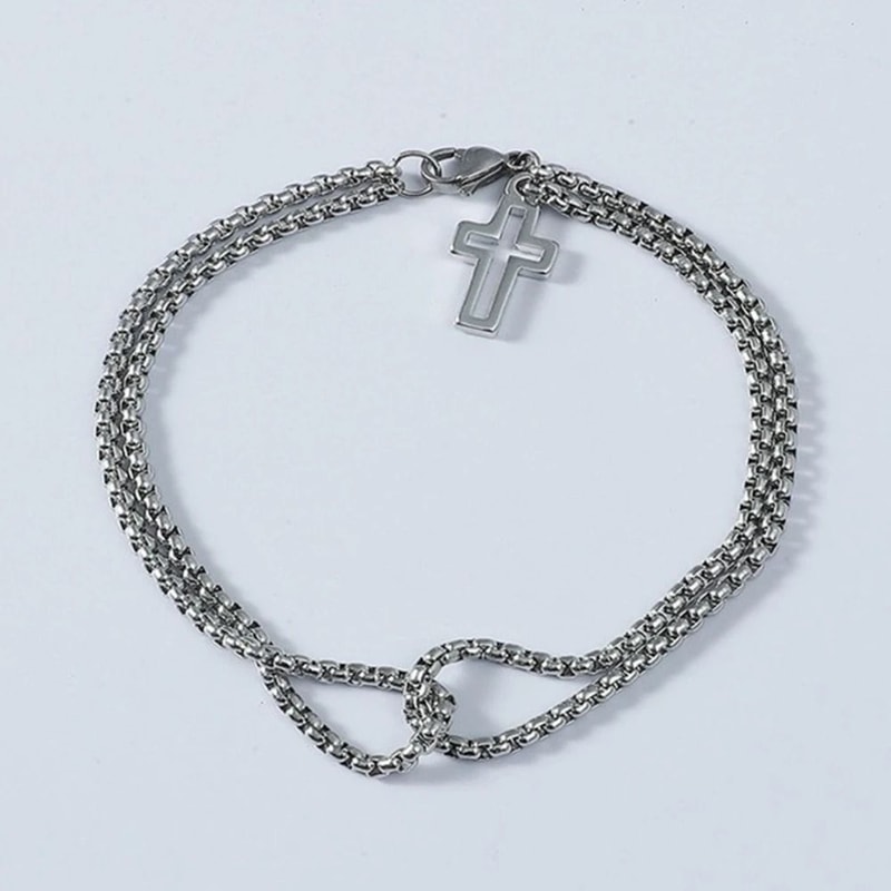Double Chain Cross Bracelet Stainless Steel Punk Hip Hop Wristband 3