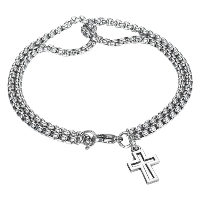 Double Chain Cross Bracelet Stainless Steel Punk Hip Hop Wristband 0