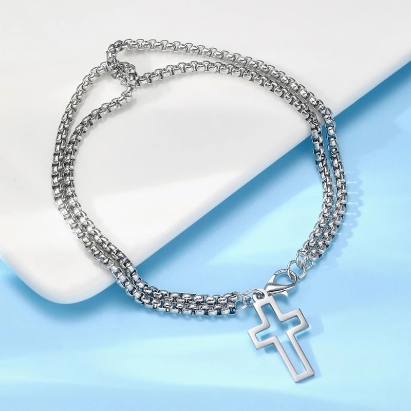 Double Chain Cross Bracelet Stainless Steel Punk Hip Hop Wristband 4