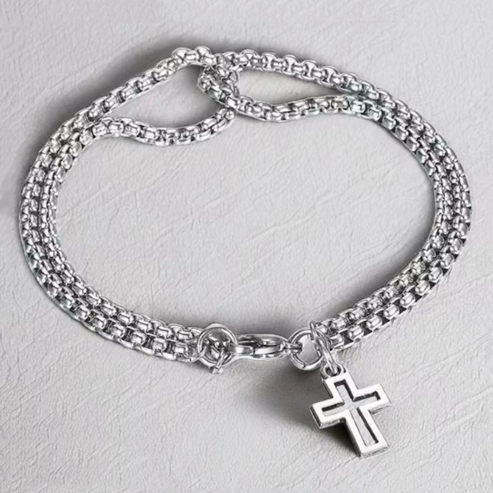Double Chain Cross Bracelet Stainless Steel Punk Hip Hop Wristband 5