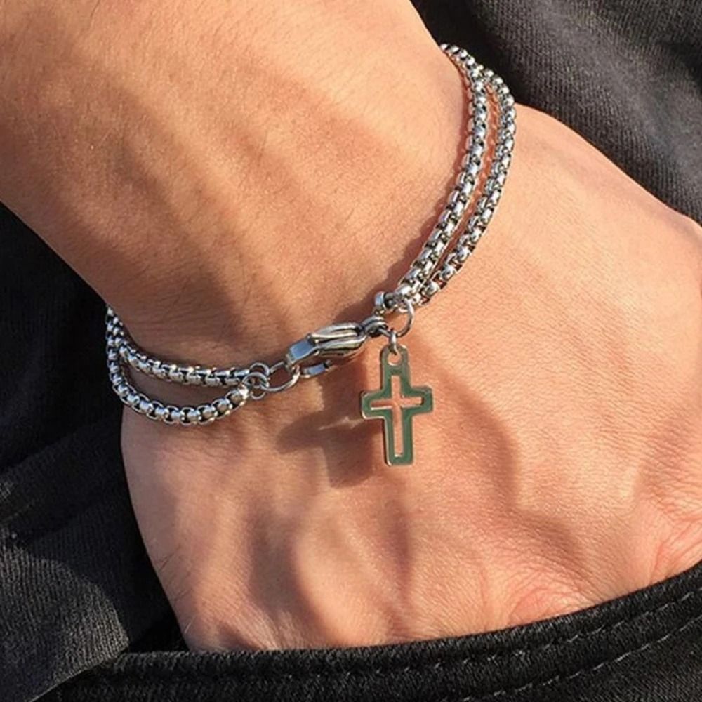 Double Chain Cross Bracelet Stainless Steel Punk Hip Hop Wristband 6