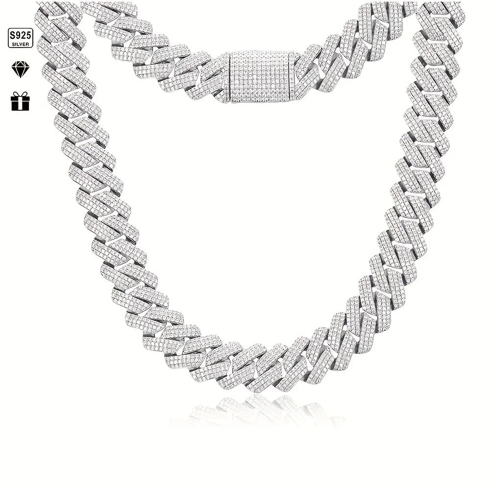 Moissanite Cuban Chain Necklace 14mm Wide Sterling Silver Mens Chain 2