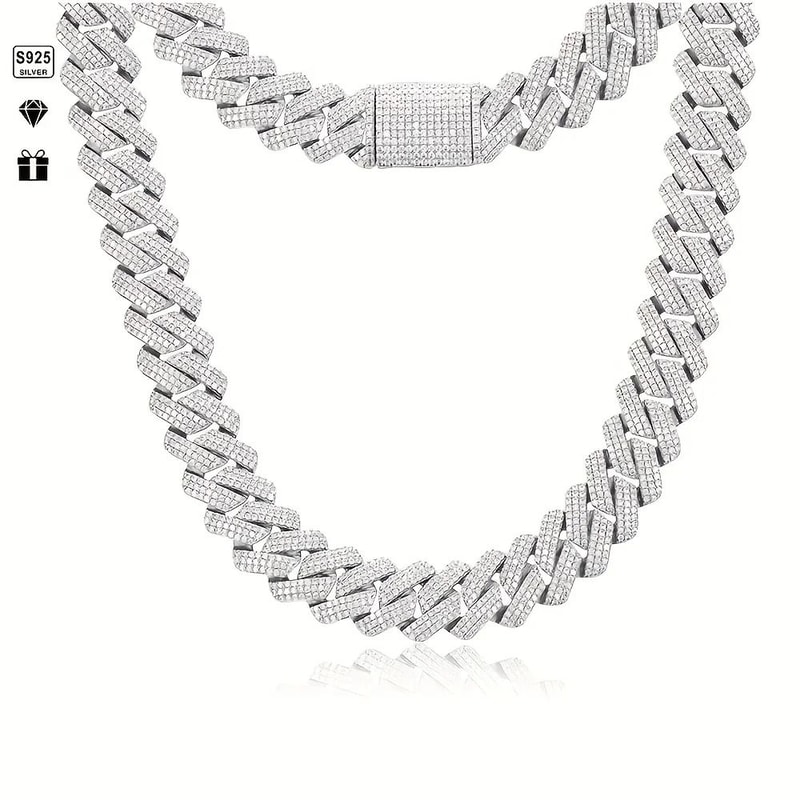 Moissanite Cuban Chain Necklace 14mm Wide Sterling Silver Mens Chain 2