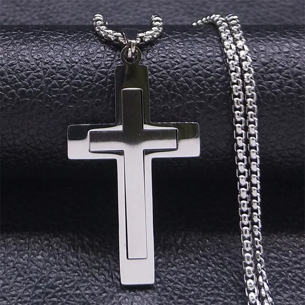Stainless Steel Splice Cross Pendant Necklace Unisex Religious Chain 2