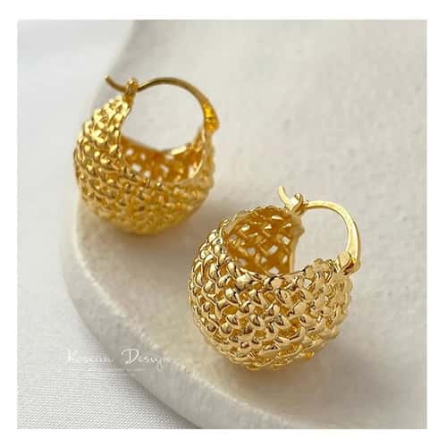 Gold Chunky Hoop Earrings Lightweight Filigree Basket Style Hoops for Women