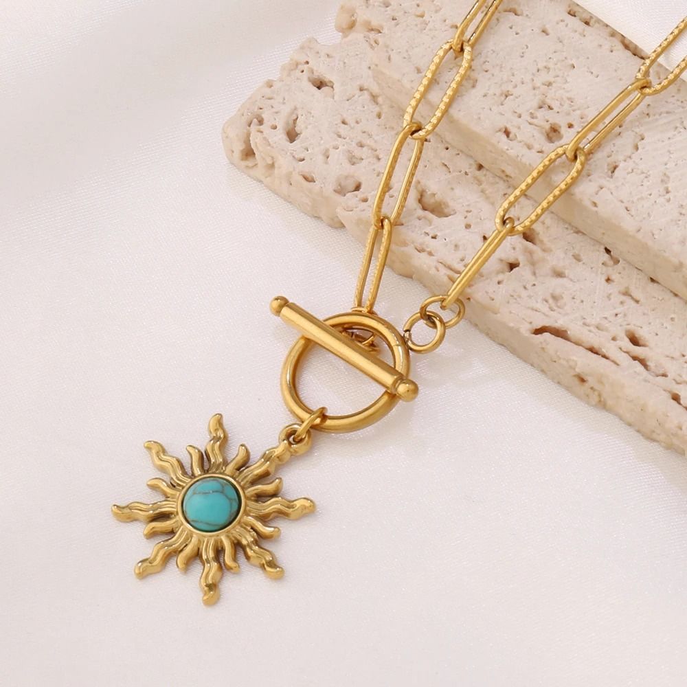 Sun Pendant Necklace Gold Turquoise Charm Stainless Steel Clavicle Chain 3