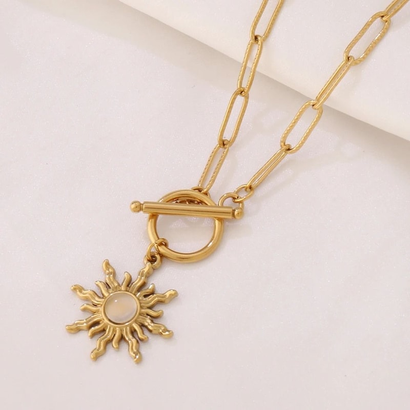 Sun Pendant Necklace Gold Turquoise Charm Stainless Steel Clavicle Chain 6