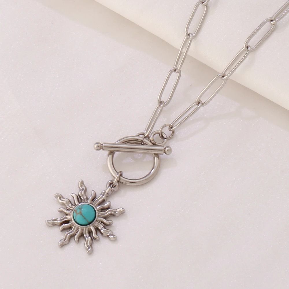 Sun Pendant Necklace Gold Turquoise Charm Stainless Steel Clavicle Chain 4