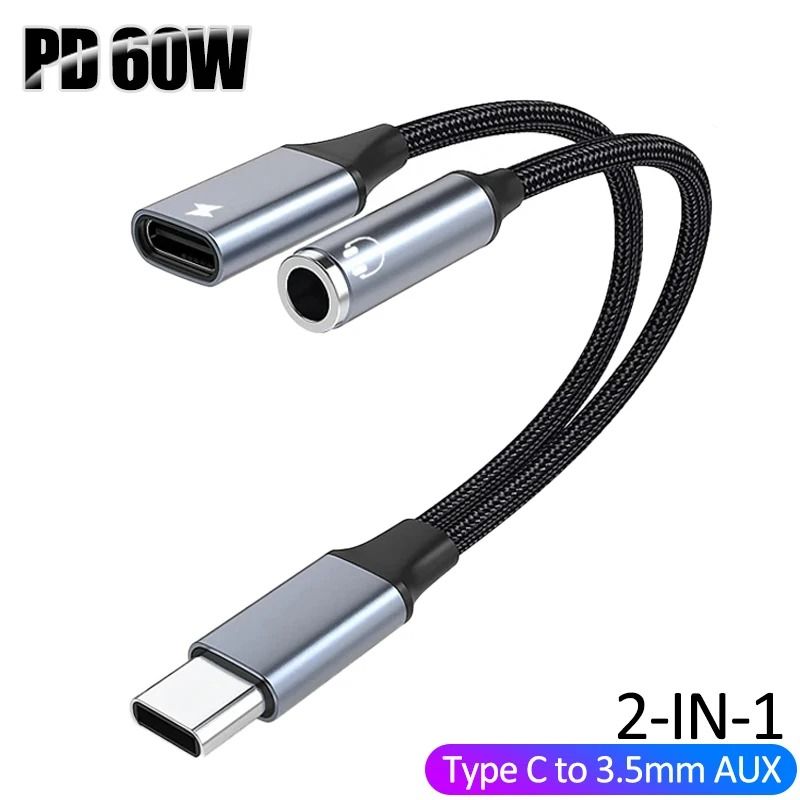 2 In 1 USB C To 35mm Adapter With Charging PD 60W Audio Splitter Cable 6