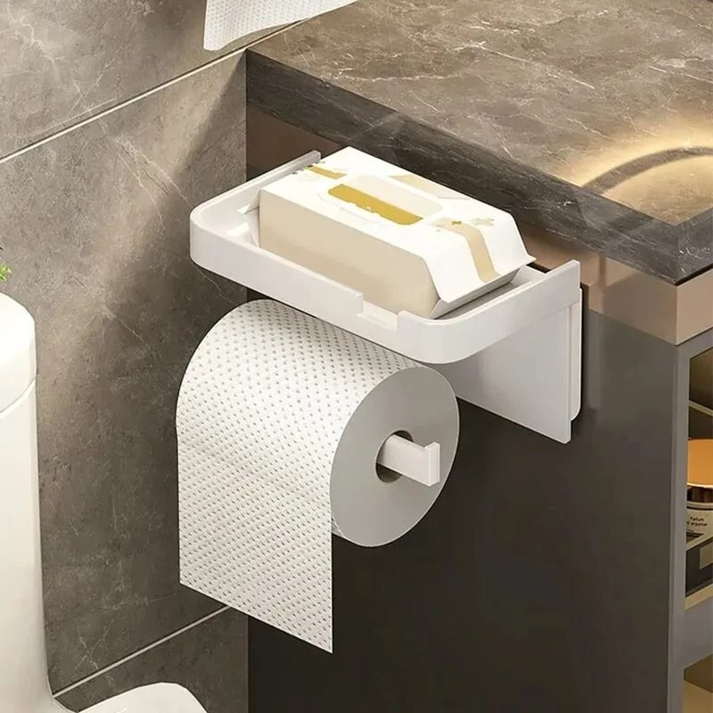 Wall Mounted Toilet Paper Holder With Shelf Bathroom Storage Rack Organizer 0