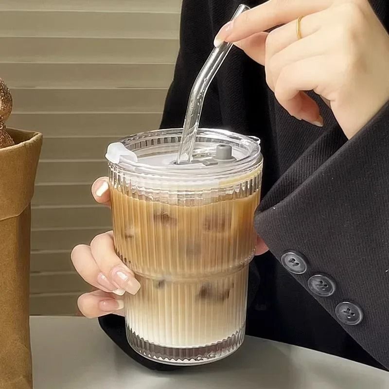 600ML Glass Cup With Lid And Straw Striped Iced Coffee Juice Tumbler 1