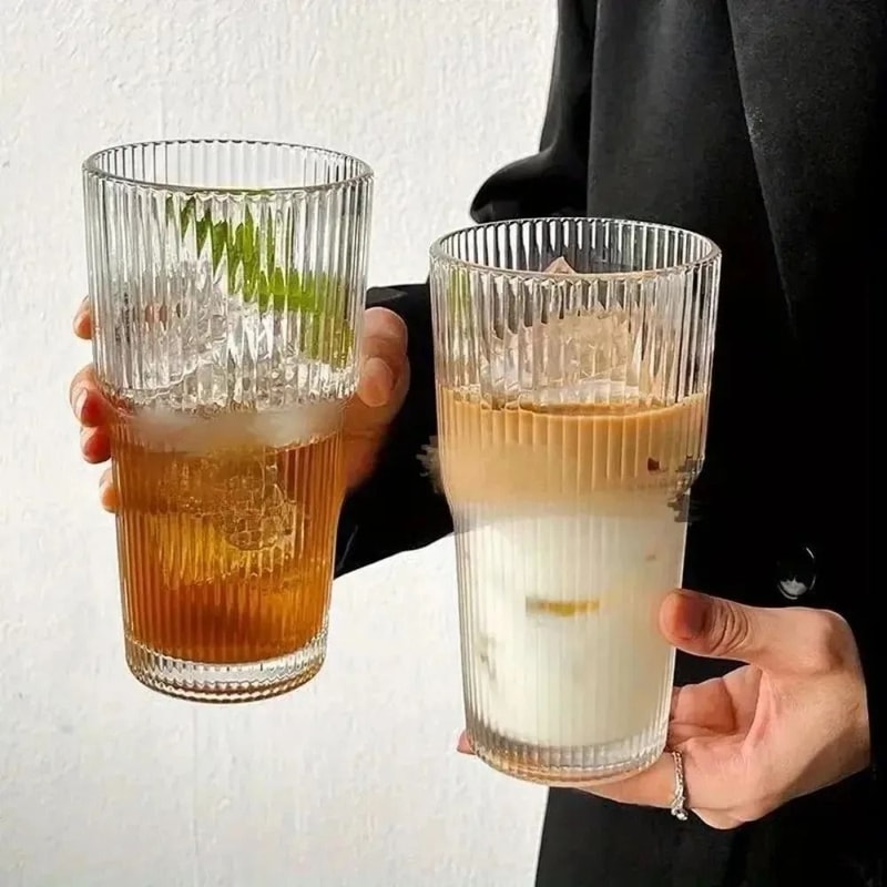 600ML Glass Cup With Lid And Straw Striped Iced Coffee Juice Tumbler 0