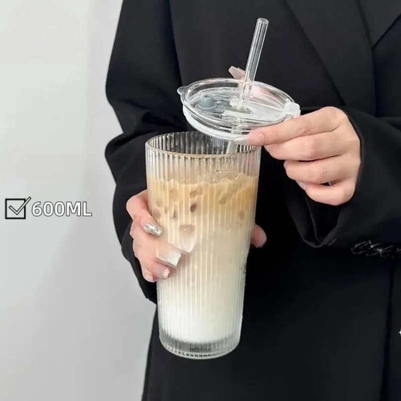 600ML Glass Cup With Lid And Straw Striped Iced Coffee Juice Tumbler 7