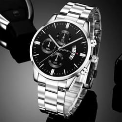 mens luxury watch stainless steel wrist watch quartz business calendar silver