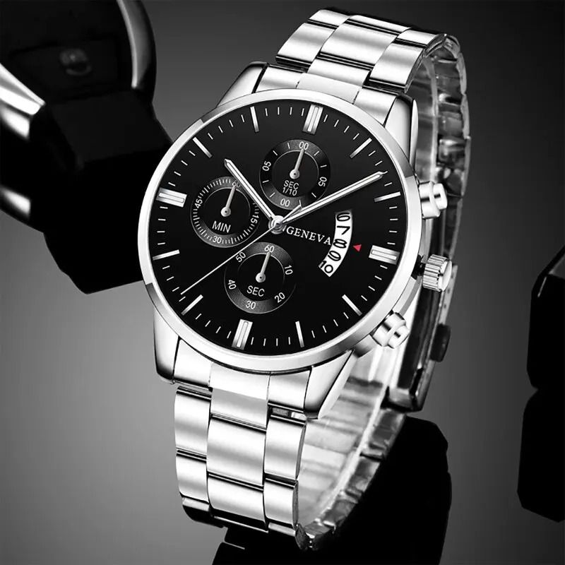 Mens Luxury Watch Stainless Steel Wrist Watch Quartz Business Calendar Silver 0