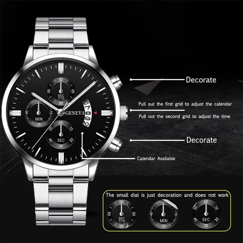 Mens Luxury Watch Stainless Steel Wrist Watch Quartz Business Calendar Silver 9