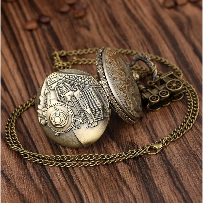Steampunk Pocket Watch Vintage Train Quartz Pocket Watch Necklace Pendant 2