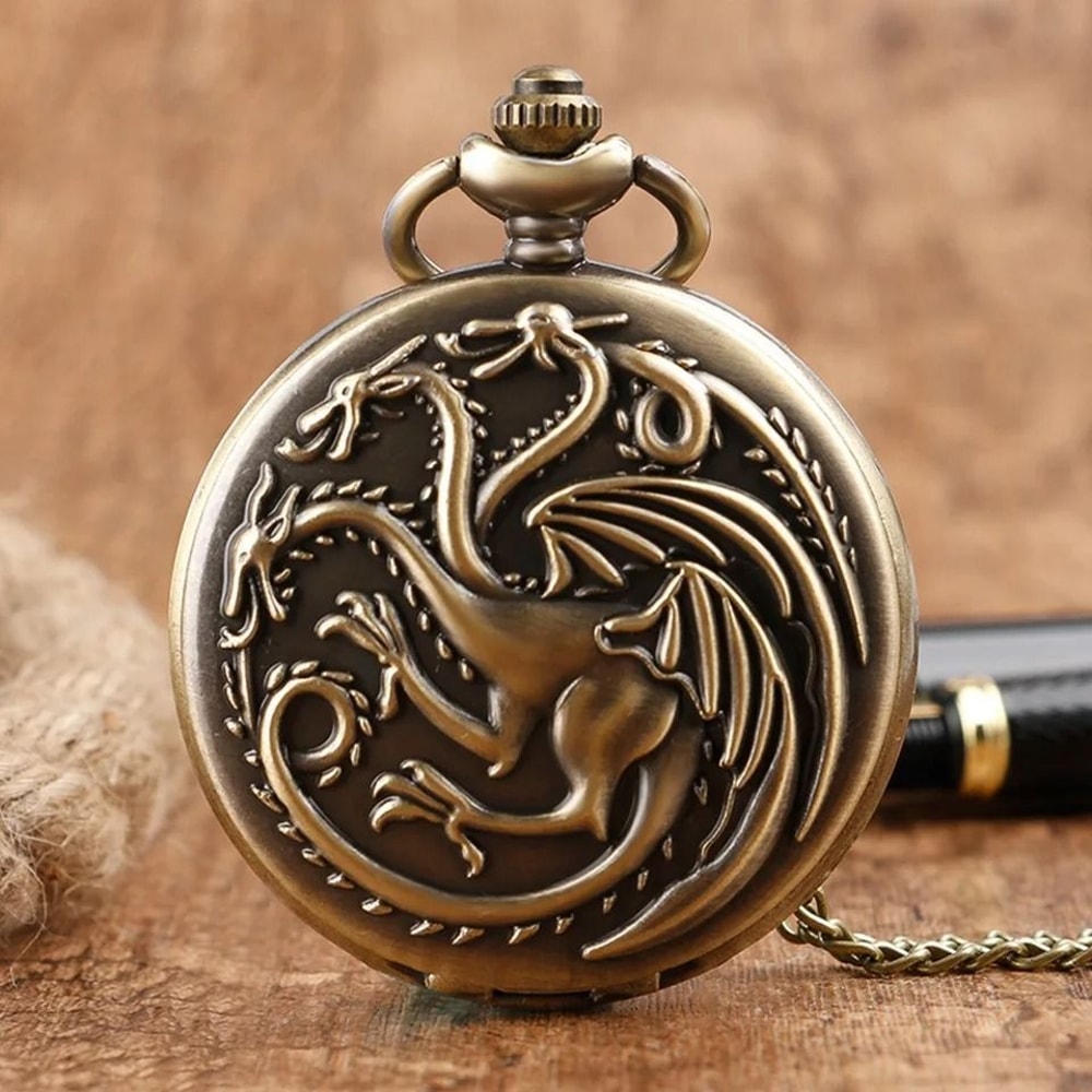 Vintage Dragon Pocket Watch Bronze Quartz Fantasy Necklace Timepiece 9