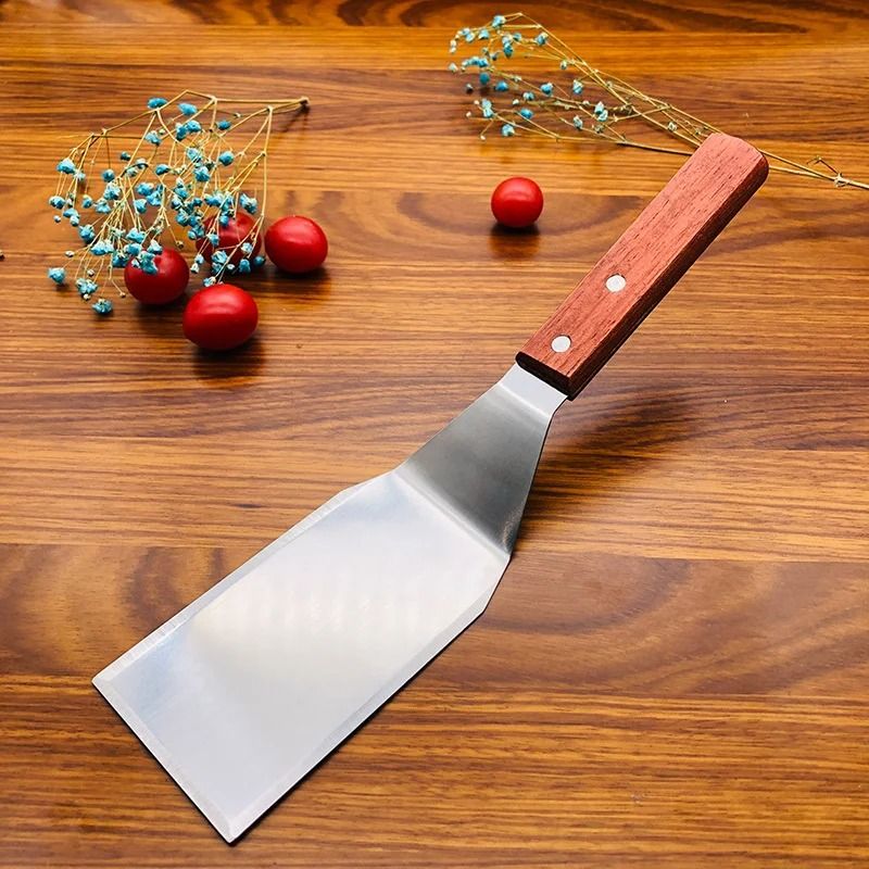 Stainless Steel BBQ Grill Spatula With Wooden Handle Steak Turner 0
