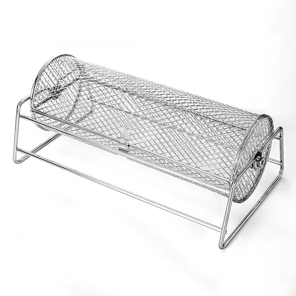 Stainless Steel Rolling BBQ Grill Mesh Basket Rotisserie Cooking Cage 1