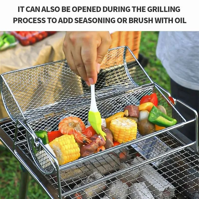 Stainless Steel Rolling BBQ Grill Mesh Basket Rotisserie Cooking Cage 5