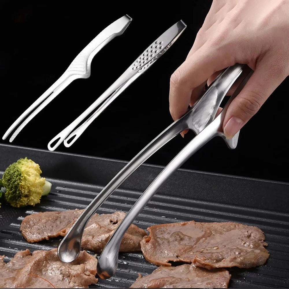 304 Stainless Steel Long Handle BBQ Tongs Non Slip Steak Cooking Tool 0