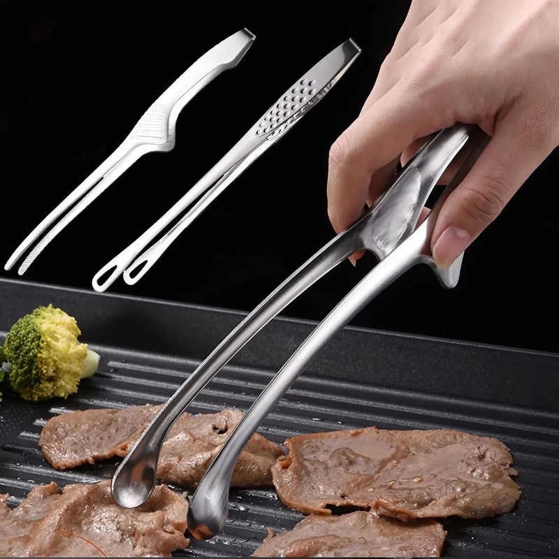 304 Stainless Steel Long Handle BBQ Tongs Non Slip Steak Cooking Tool 0