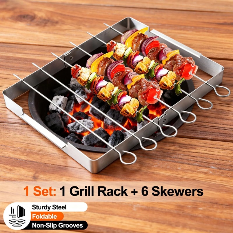 Foldable Stainless Steel BBQ Skewer Rack Rotating Rotisserie Skewer Set With 6 Kebab Grill Skewers 6