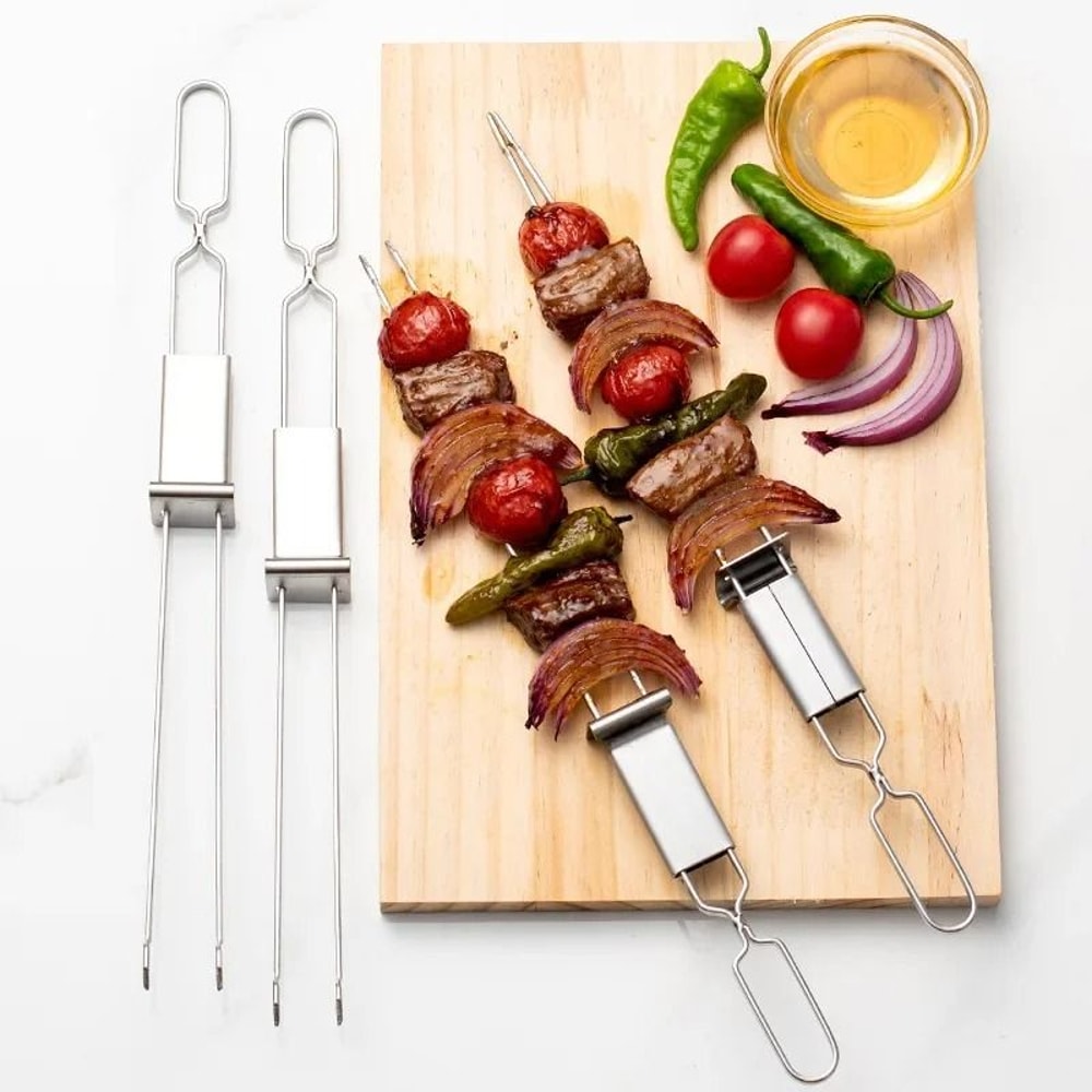 Stainless Steel Double Prong BBQ Skewers Reusable Barbecue Fork Skewers Set 8