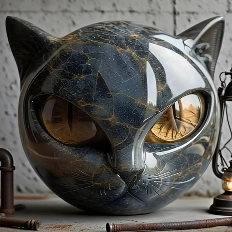 Black Cat Figurine Resin Cat Head Sculpture Marble Texture Cat Desk Decor Gift 3