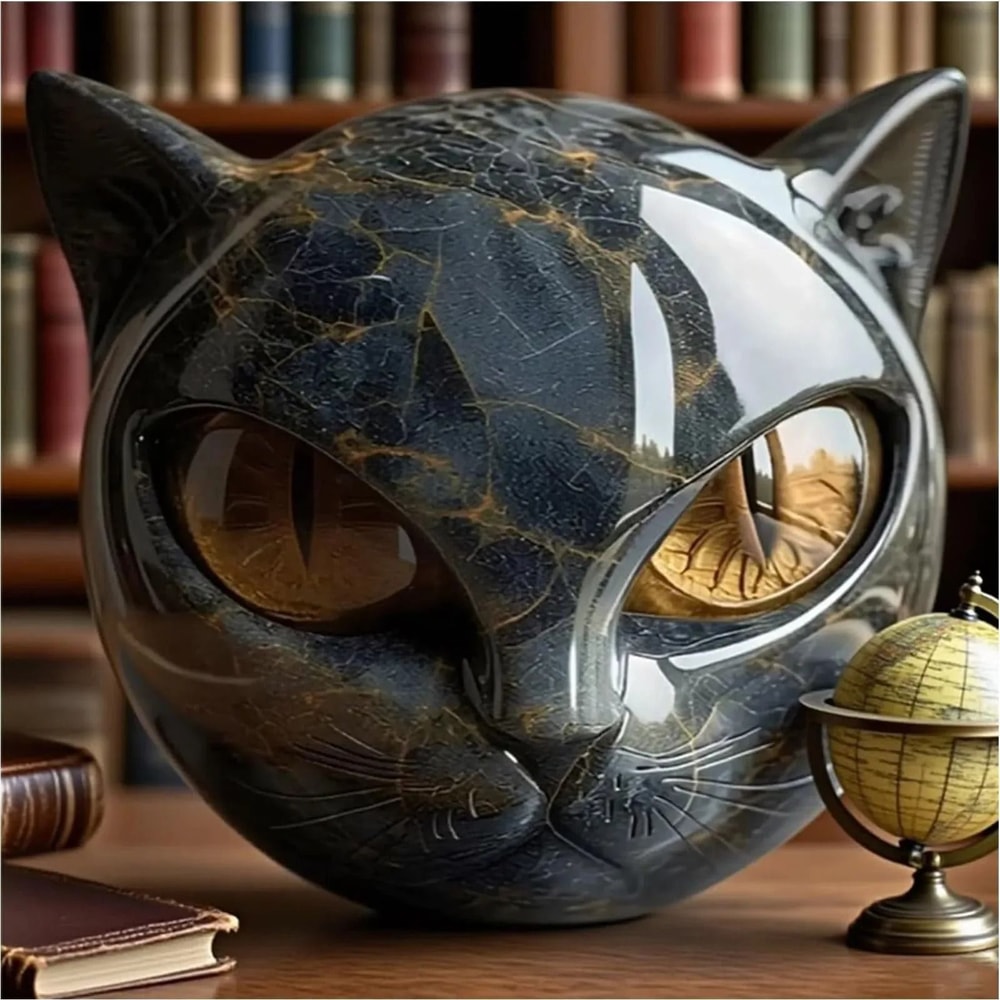 Black Cat Figurine Resin Cat Head Sculpture Marble Texture Cat Desk Decor Gift 6