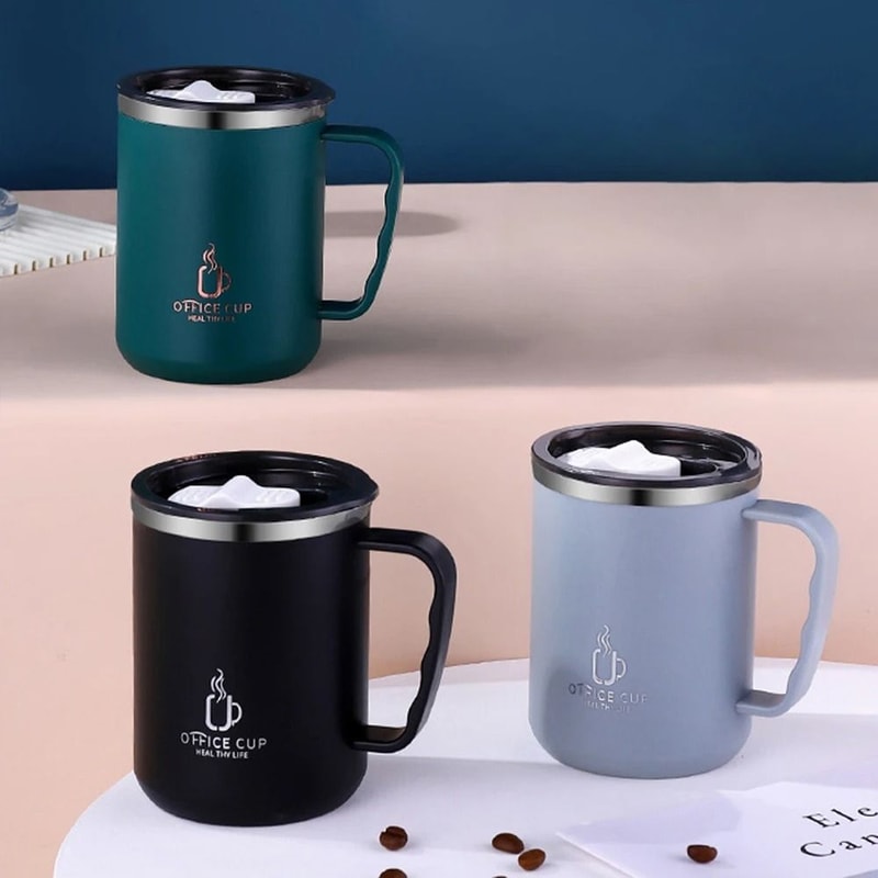 Stainless Steel Water Bottle Insulated Coffee Mug Double Wall Thermal Cup With Handle And Lid 0